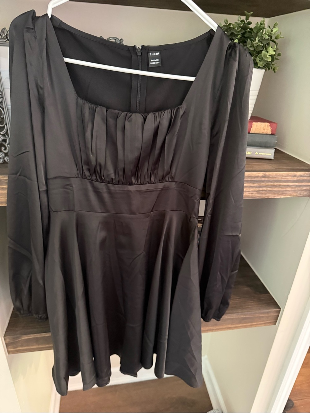 SHEIN Black Satin-Look Long Sleeve Pleated Bodice A-Line Dress